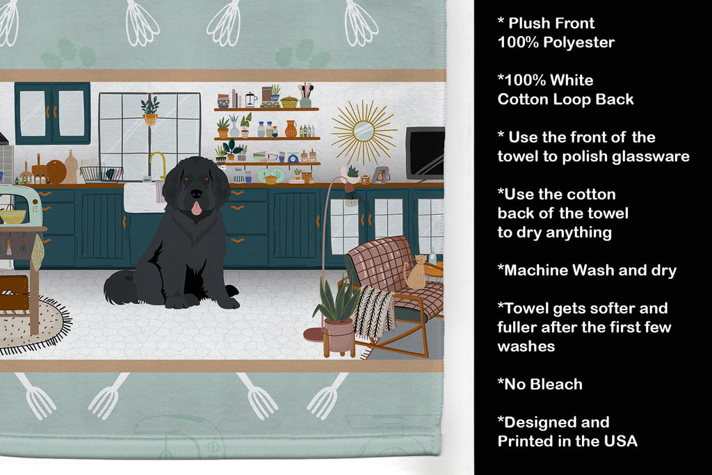 Black Newfoundland in the Kitchen Kitchen Towel Velour Plush Front and Cotton Loop Back Machine Washable