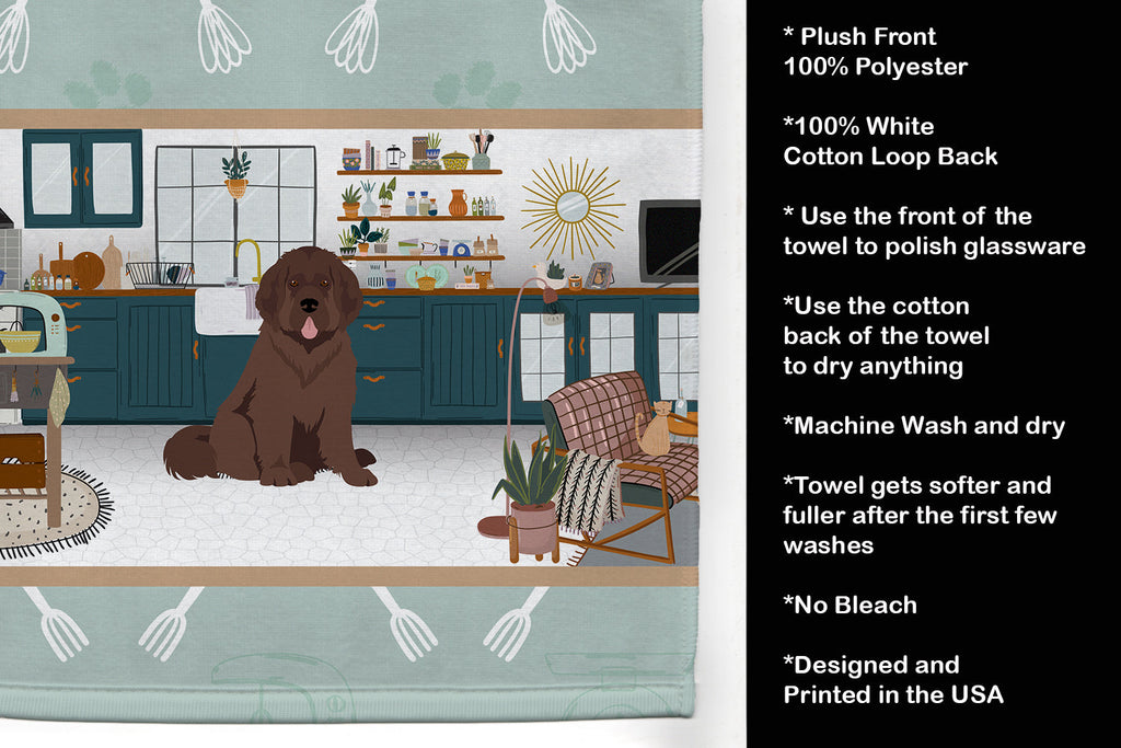 Brown Newfoundland in the Kitchen Kitchen Towel Velour Plush Front and Cotton Loop Back Machine Washable