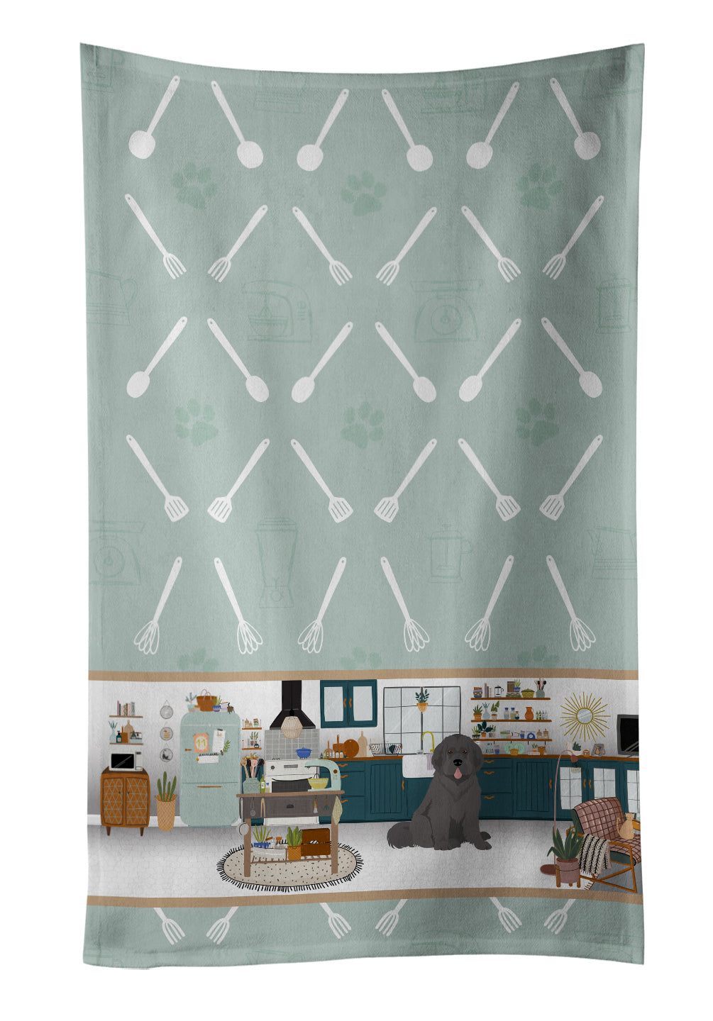 Grey Newfoundland in the Kitchen Kitchen Towel Velour Plush Front and Cotton Loop Back Machine Washable