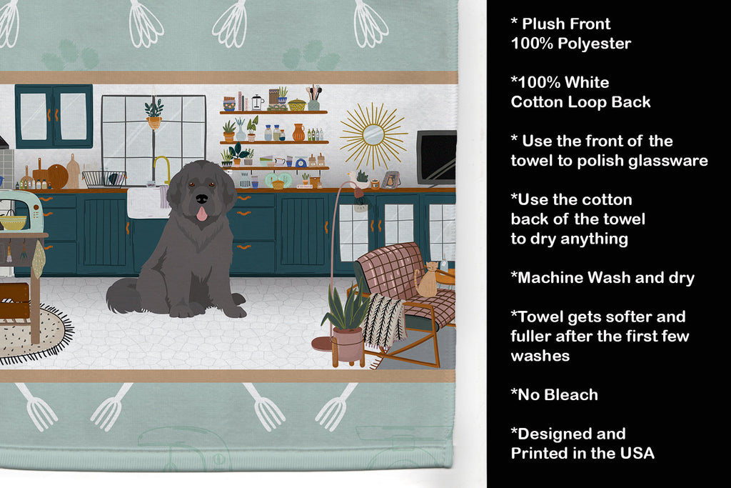 Grey Newfoundland in the Kitchen Kitchen Towel Velour Plush Front and Cotton Loop Back Machine Washable