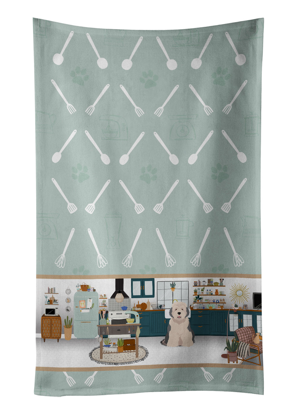Old English Sheepdog in the Kitchen Kitchen Towel Velour Plush Front and Cotton Loop Back Machine Washable