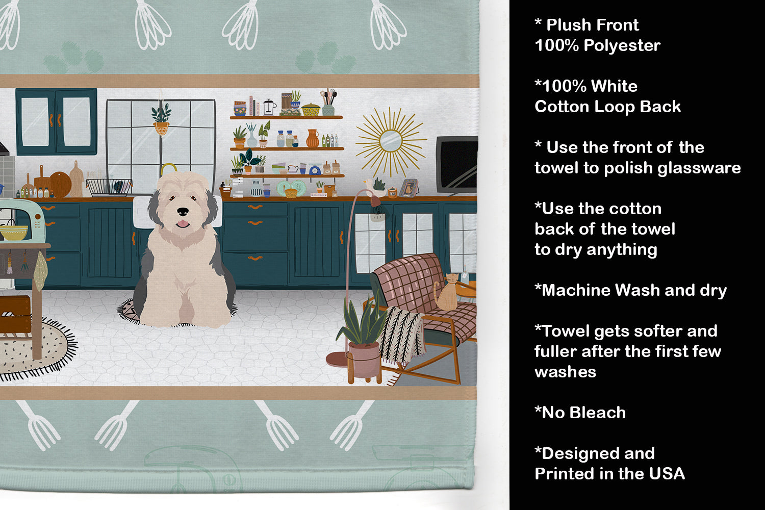 Old English Sheepdog in the Kitchen Kitchen Towel Velour Plush Front and Cotton Loop Back Machine Washable