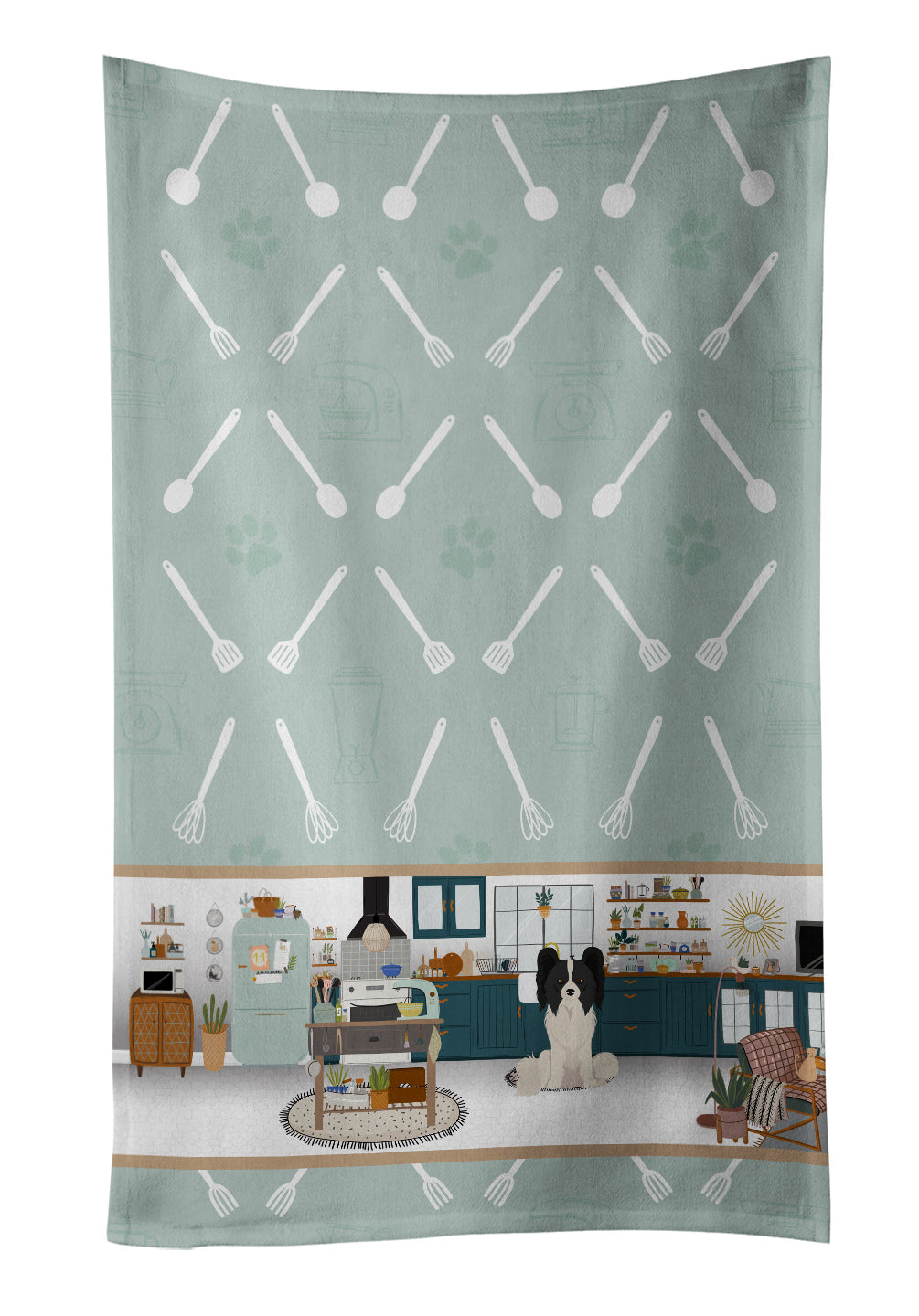 Black and White Papillon in the Kitchen Kitchen Towel Velour Plush Front and Cotton Loop Back Machine Washable