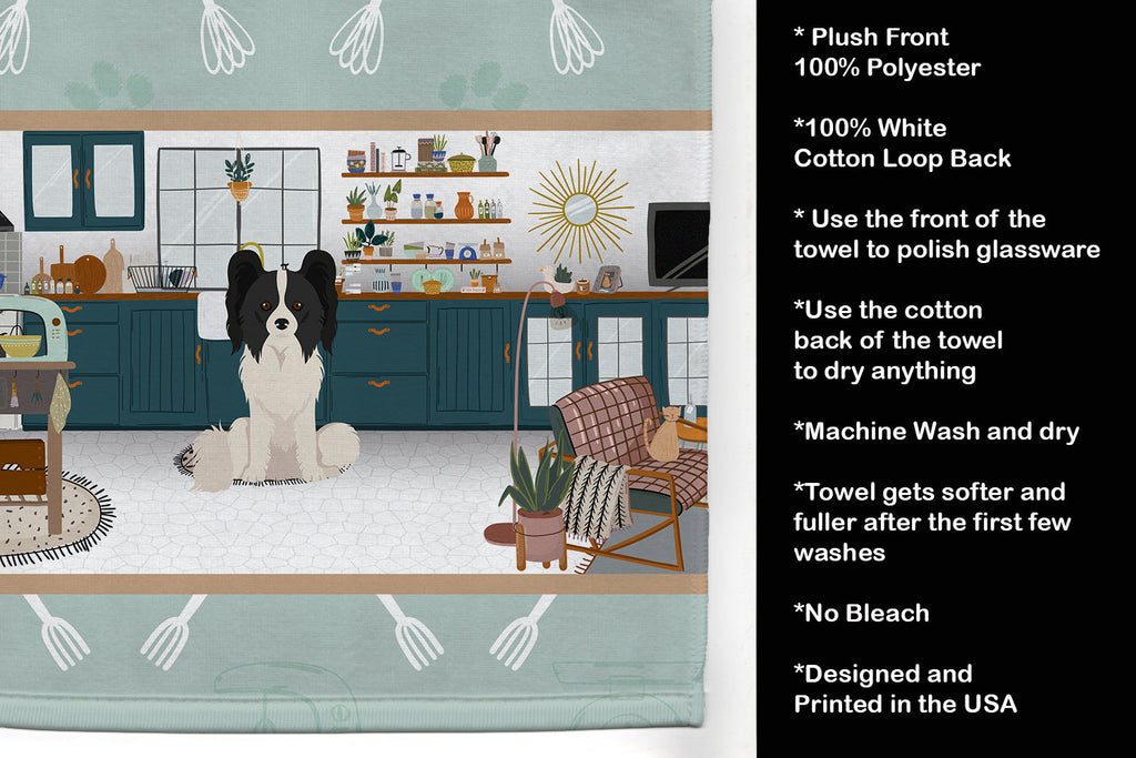 Black and White Papillon in the Kitchen Kitchen Towel Velour Plush Front and Cotton Loop Back Machine Washable