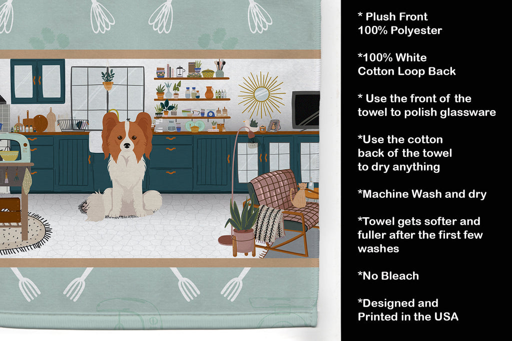 Red and White Papillon in the Kitchen Kitchen Towel Velour Plush Front and Cotton Loop Back Machine Washable