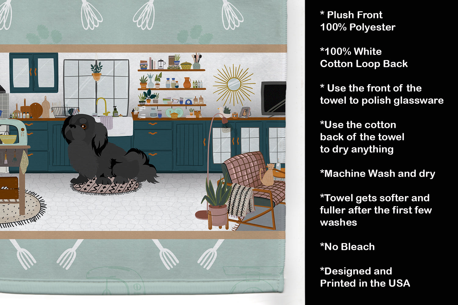 Black Pekingese in the Kitchen Kitchen Towel Velour Plush Front and Cotton Loop Back Machine Washable