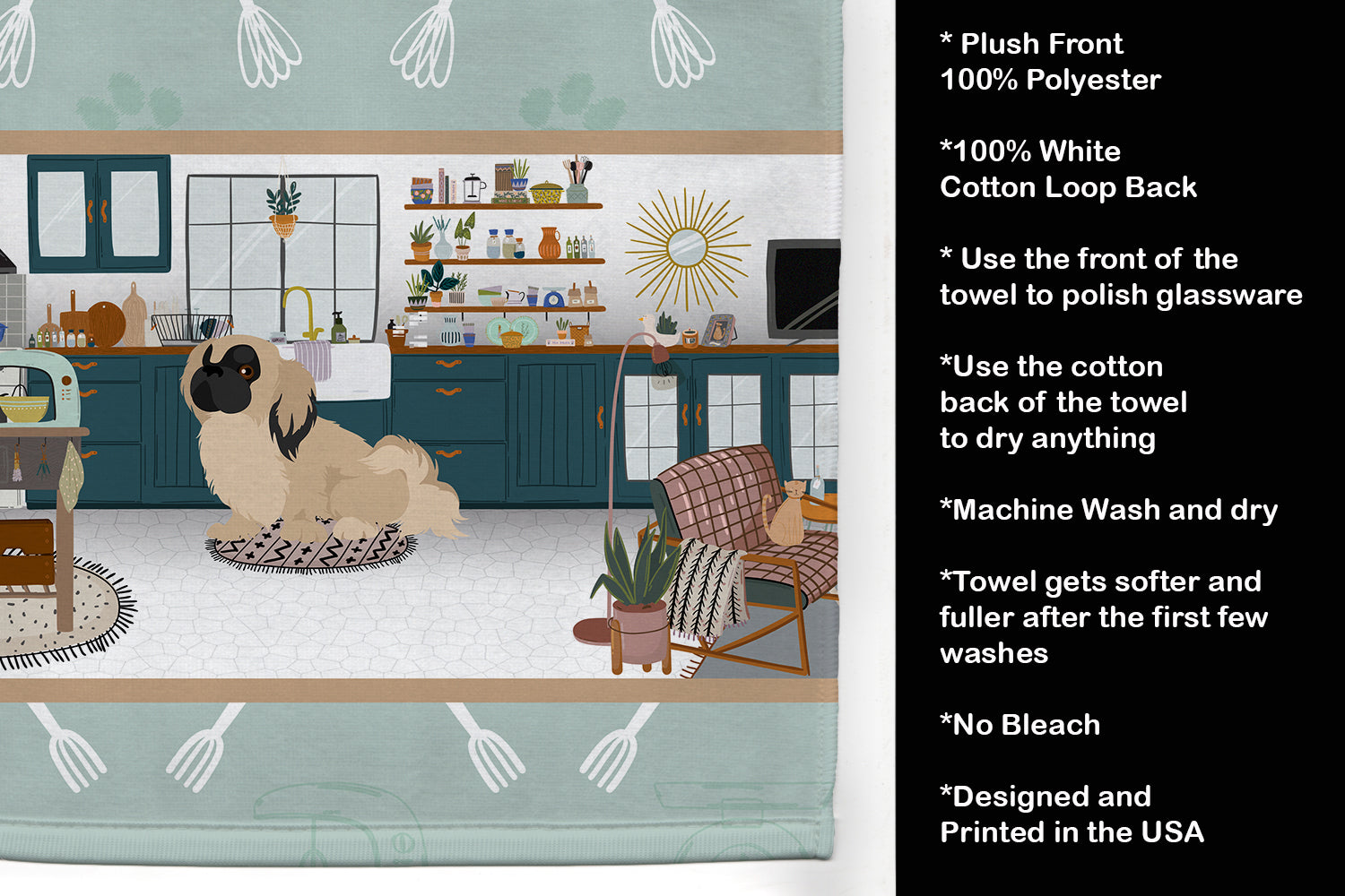 Cream Pekingese in the Kitchen Kitchen Towel Velour Plush Front and Cotton Loop Back Machine Washable