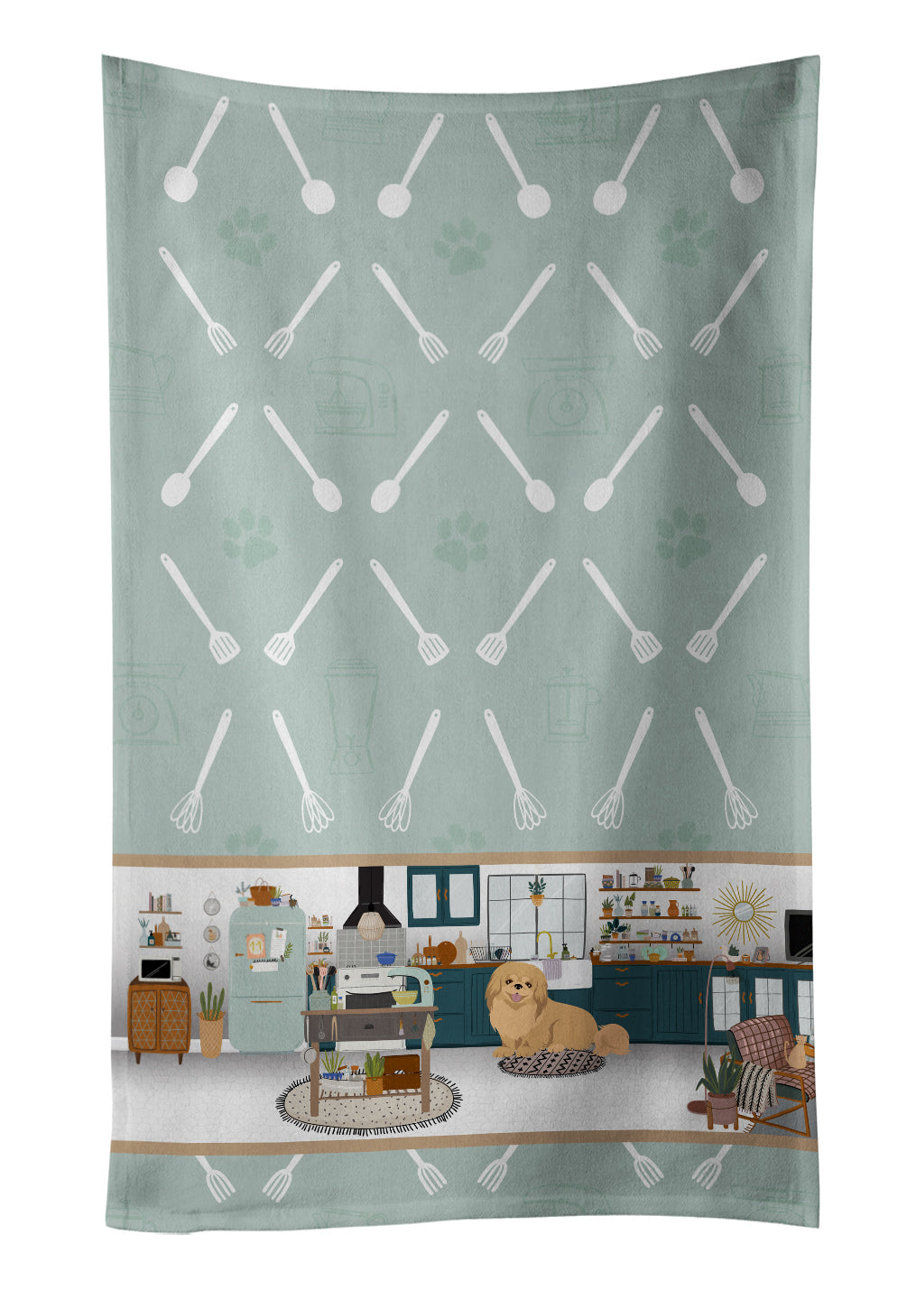 Gold Pekingese in the Kitchen Kitchen Towel Velour Plush Front and Cotton Loop Back Machine Washable