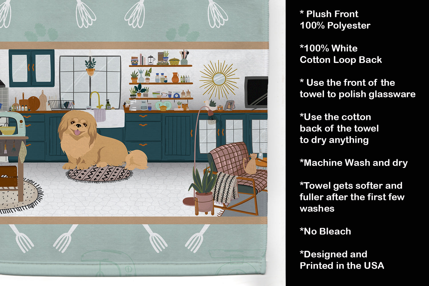 Gold Pekingese in the Kitchen Kitchen Towel Velour Plush Front and Cotton Loop Back Machine Washable
