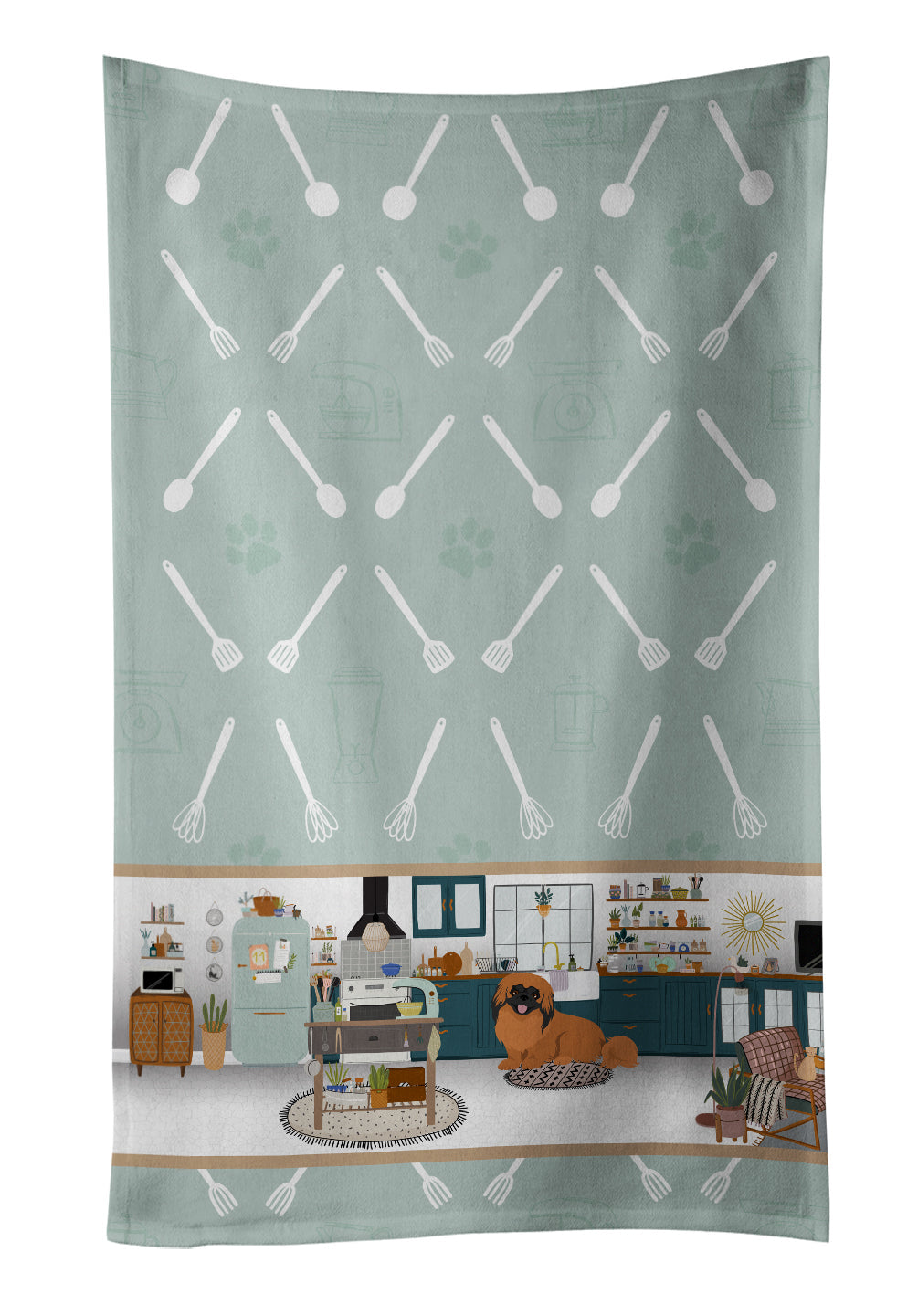 Red Pekingese in the Kitchen Kitchen Towel Velour Plush Front and Cotton Loop Back Machine Washable