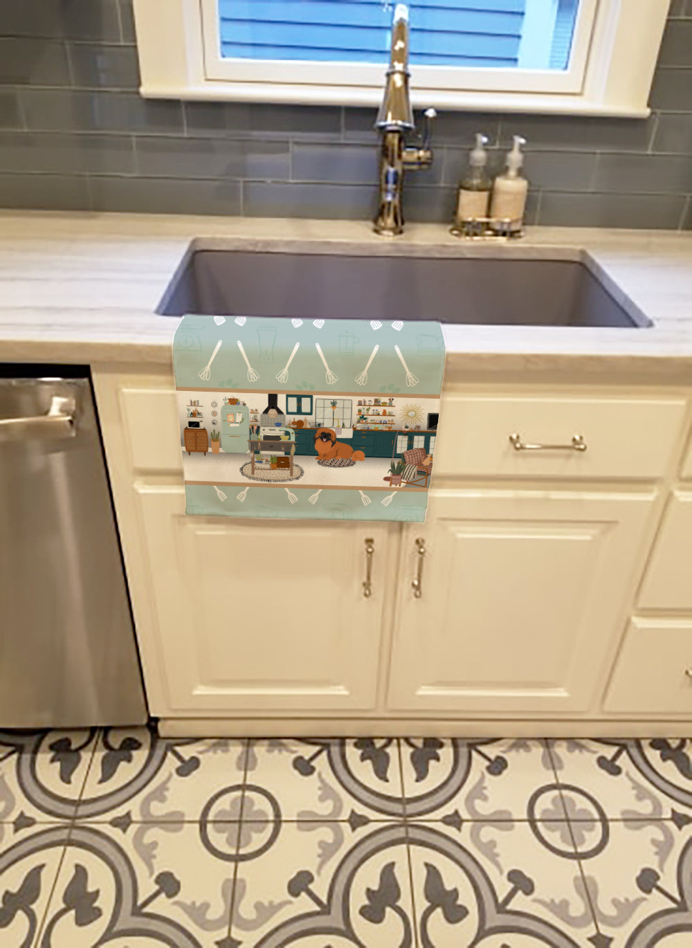 Red Pekingese in the Kitchen Kitchen Towel Velour Plush Front and Cotton Loop Back Machine Washable