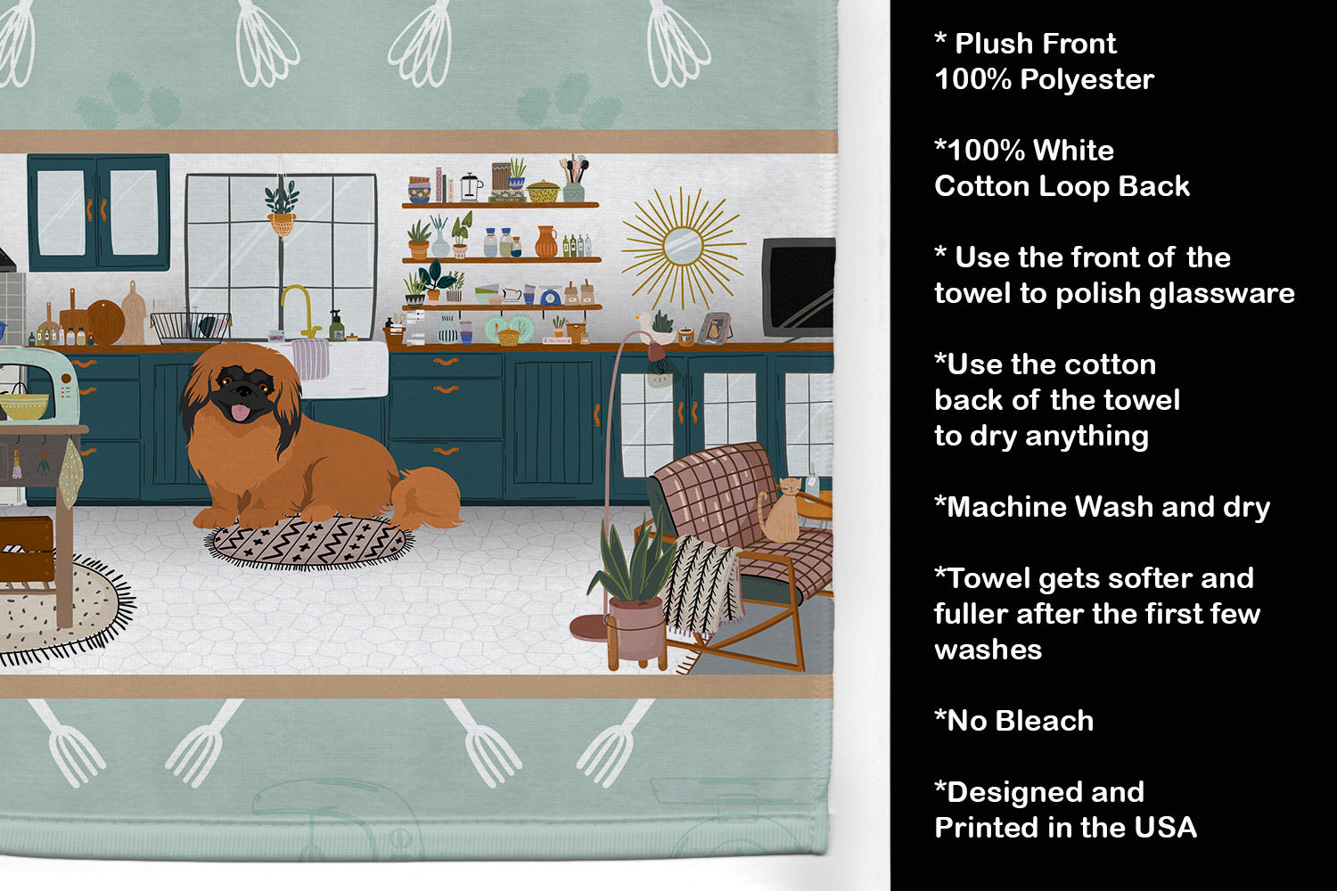 Red Pekingese in the Kitchen Kitchen Towel Velour Plush Front and Cotton Loop Back Machine Washable