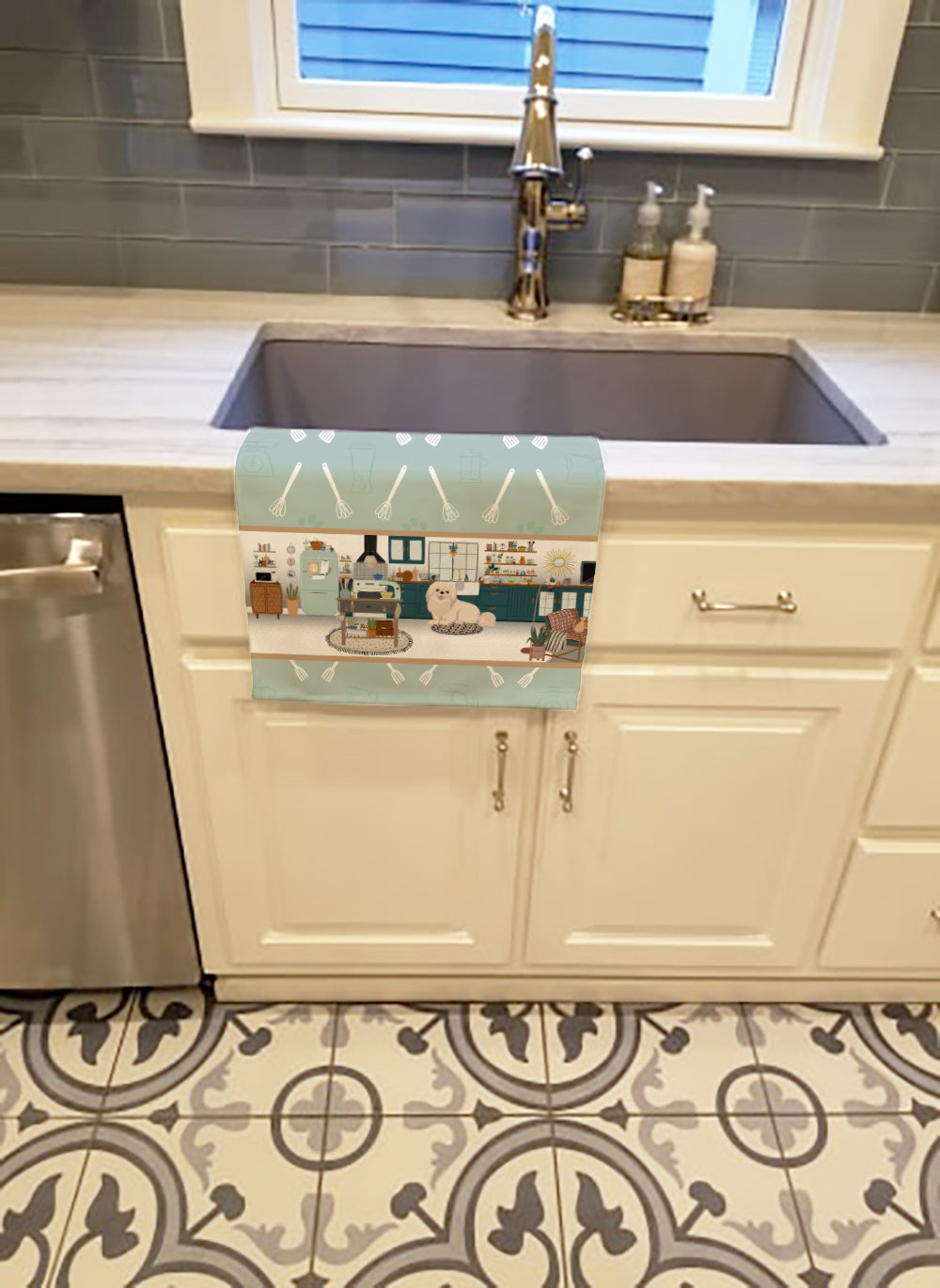 White Pekingese in the Kitchen Kitchen Towel Velour Plush Front and Cotton Loop Back Machine Washable