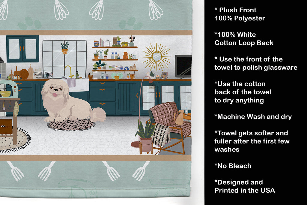 White Pekingese in the Kitchen Kitchen Towel Velour Plush Front and Cotton Loop Back Machine Washable