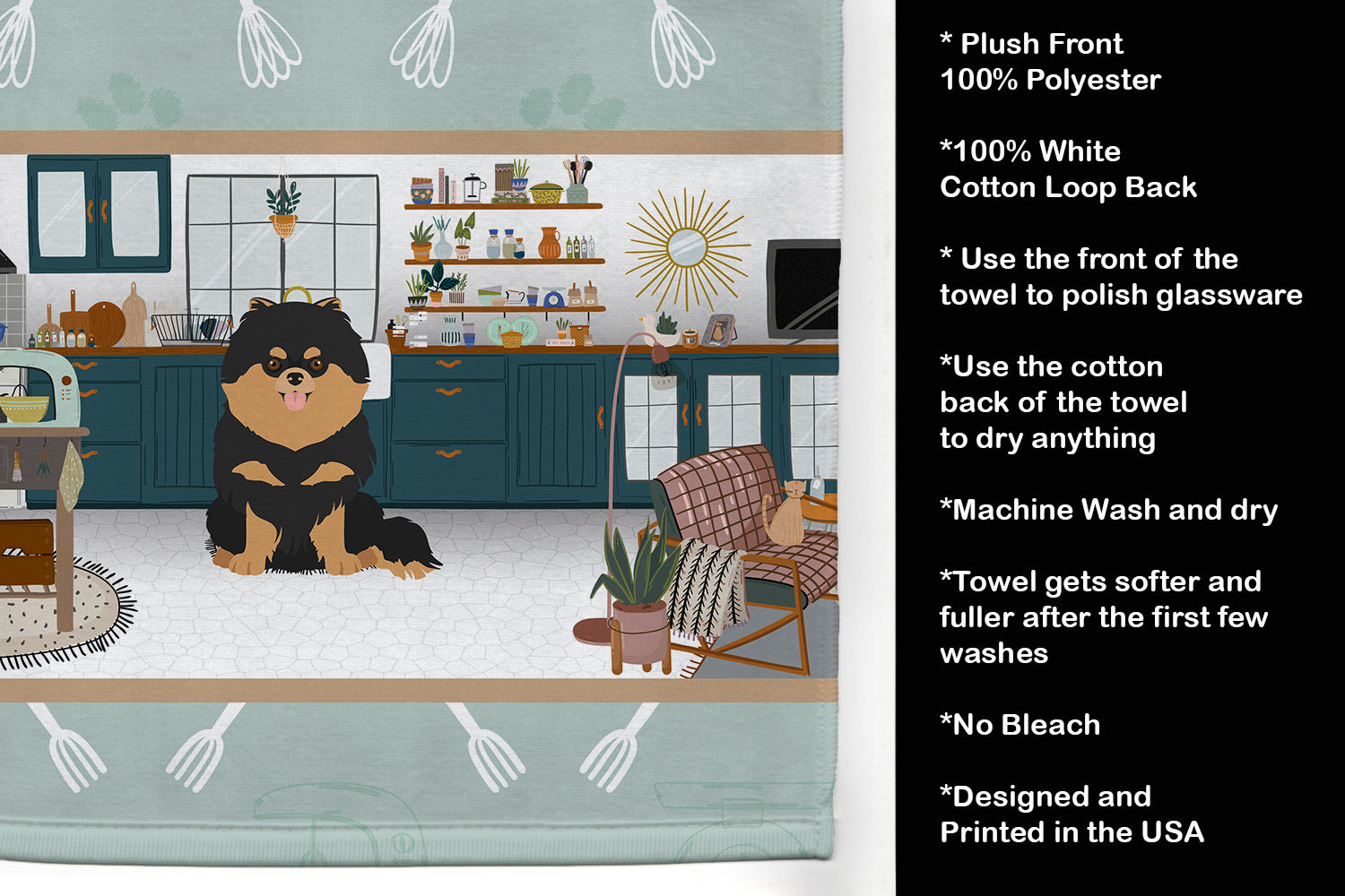 Black and Tan Pomeranian in the Kitchen Kitchen Towel Velour Plush Front and Cotton Loop Back Machine Washable