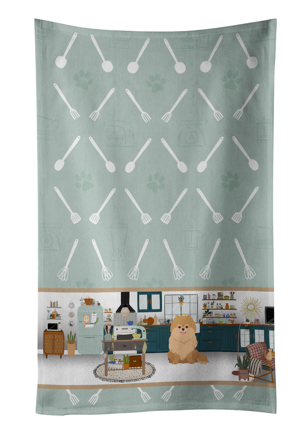 Orange Pomeranian in the Kitchen Kitchen Towel Velour Plush Front and Cotton Loop Back Machine Washable