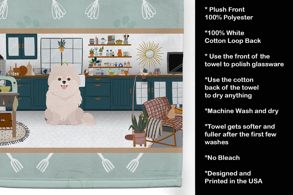 White Pomeranian in the Kitchen Kitchen Towel Velour Plush Front and Cotton Loop Back Machine Washable
