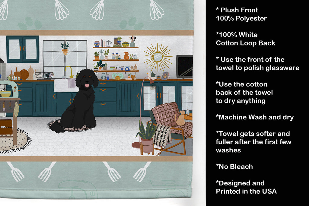 Standard Black Poodle in the Kitchen Kitchen Towel Velour Plush Front and Cotton Loop Back Machine Washable
