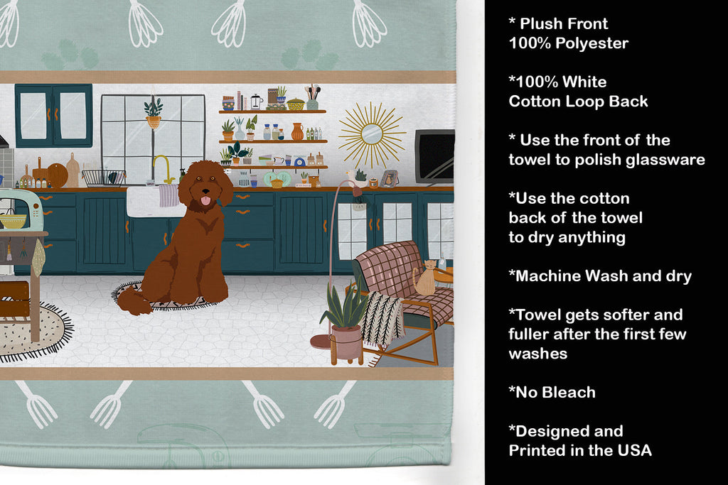 Standard Red Poodle in the Kitchen Kitchen Towel Velour Plush Front and Cotton Loop Back Machine Washable