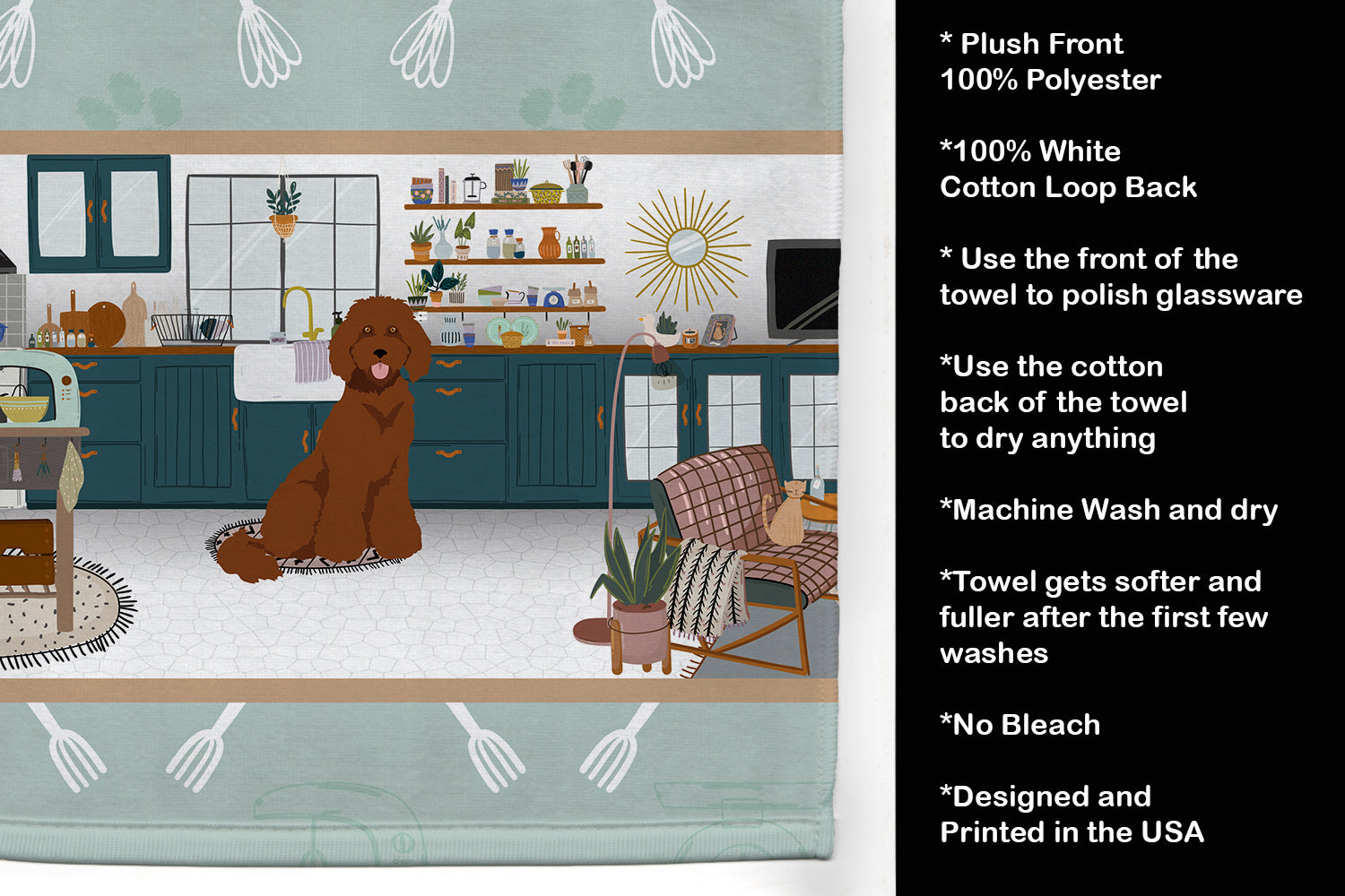 Standard Red Poodle in the Kitchen Kitchen Towel Velour Plush Front and Cotton Loop Back Machine Washable