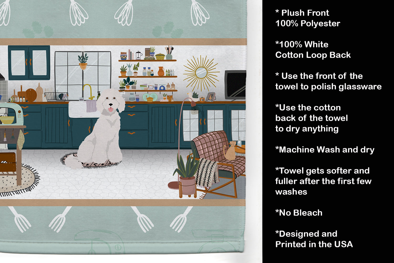 Standard White Poodle in the Kitchen Kitchen Towel Velour Plush Front and Cotton Loop Back Machine Washable