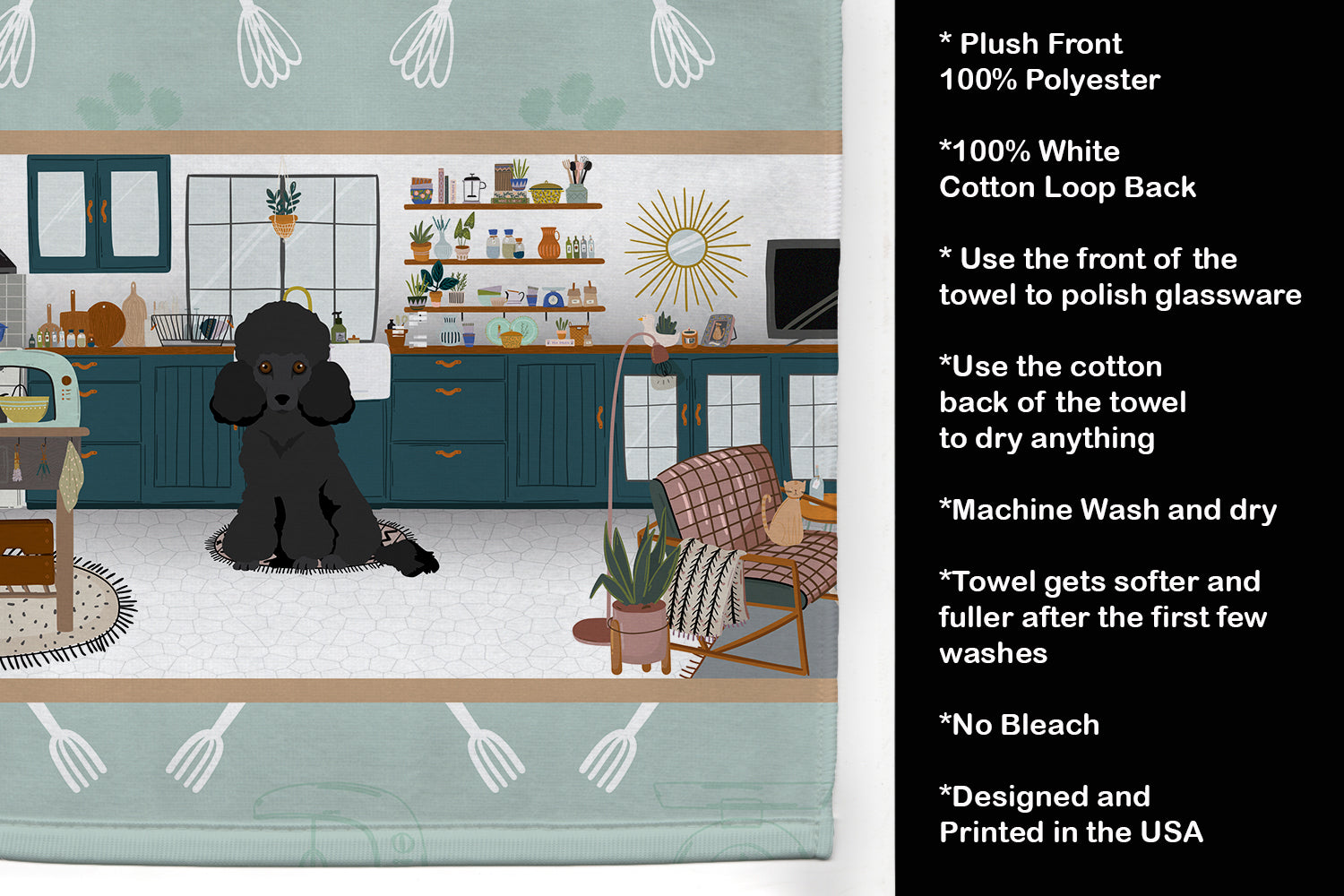Toy Black Poodle in the Kitchen Kitchen Towel Velour Plush Front and Cotton Loop Back Machine Washable