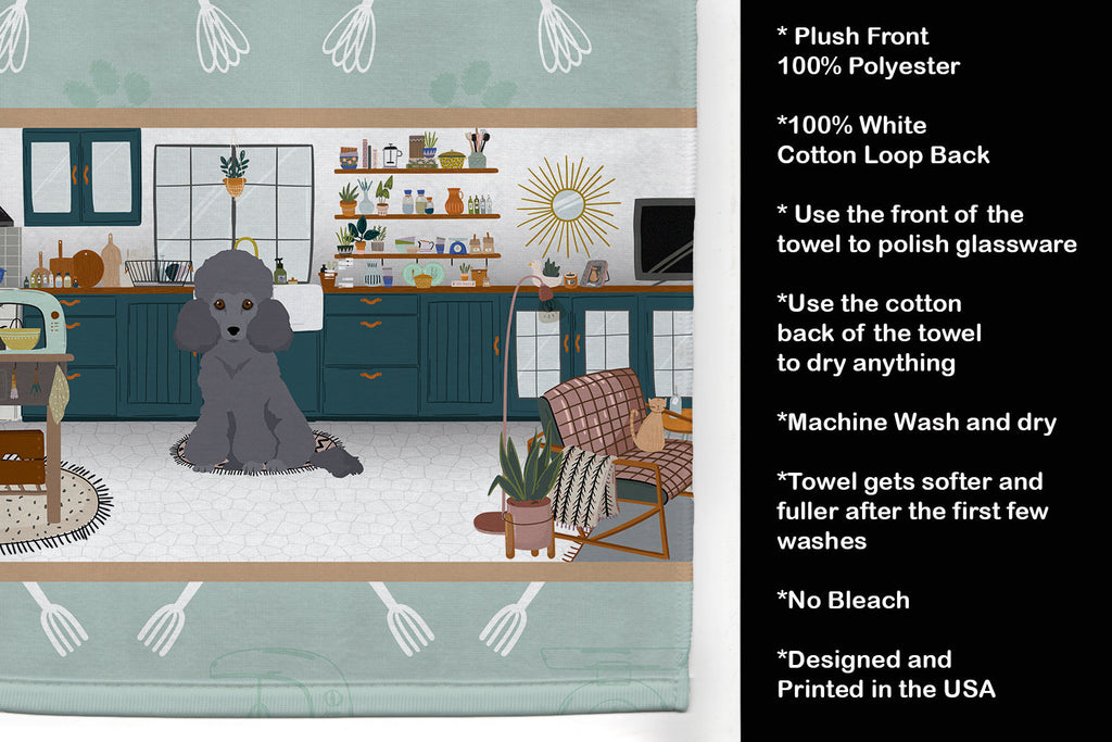 Toy Grey Poodle in the Kitchen Kitchen Towel Velour Plush Front and Cotton Loop Back Machine Washable
