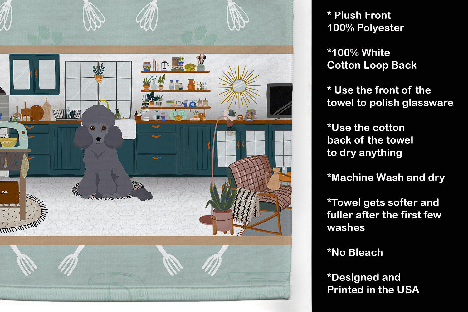 Toy Grey Poodle in the Kitchen Kitchen Towel Velour Plush Front and Cotton Loop Back Machine Washable