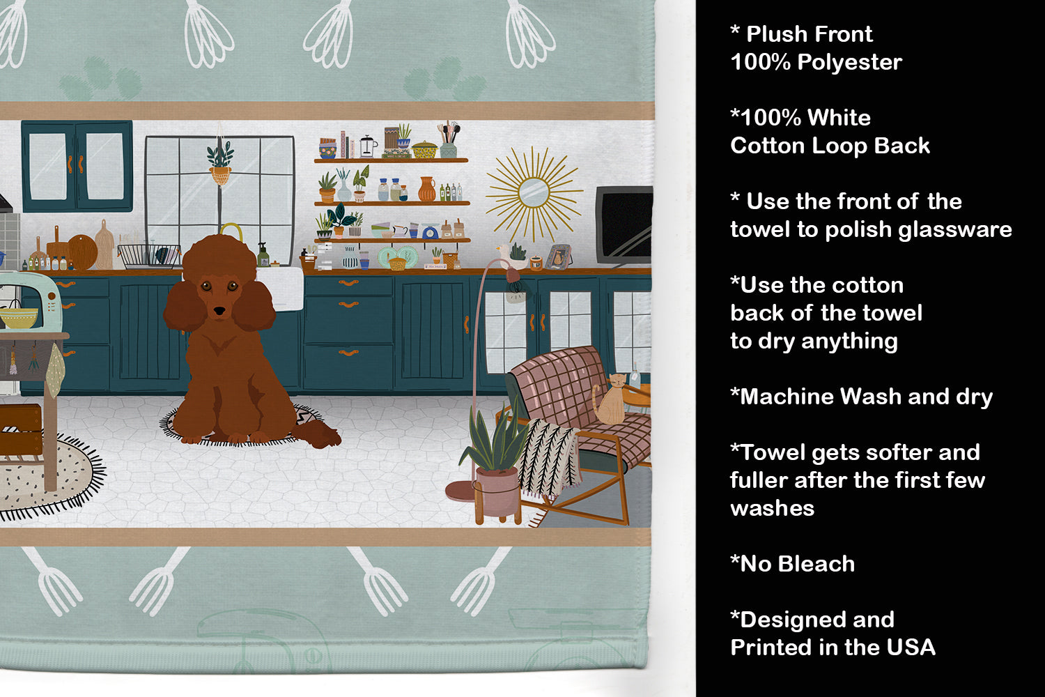 Toy Red Poodle in the Kitchen Kitchen Towel Velour Plush Front and Cotton Loop Back Machine Washable