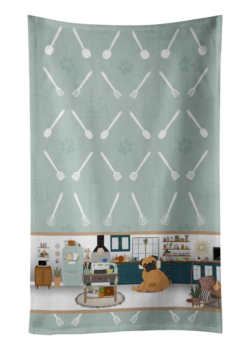 Apricot Pug in the Kitchen Kitchen Towel Velour Plush Front and Cotton Loop Back Machine Washable