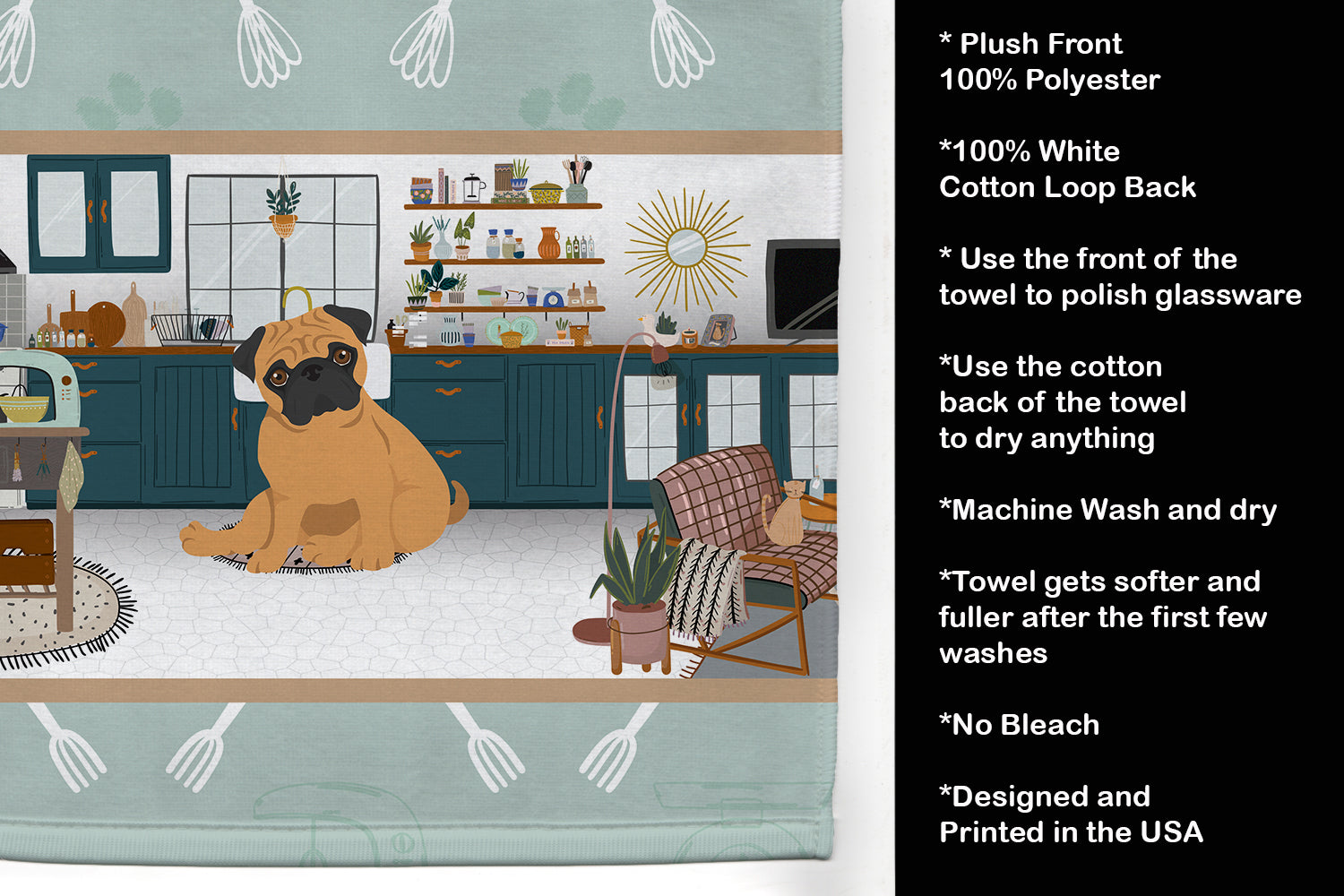 Apricot Pug in the Kitchen Kitchen Towel Velour Plush Front and Cotton Loop Back Machine Washable