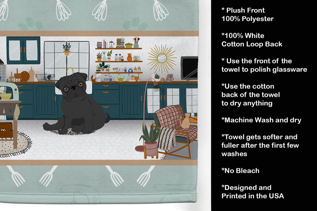 Black Pug in the Kitchen Kitchen Towel Velour Plush Front and Cotton Loop Back Machine Washable