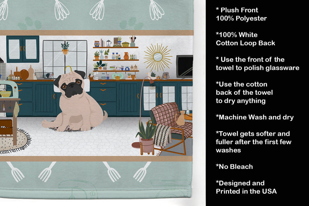 Fawn Pug in the Kitchen Kitchen Towel Velour Plush Front and Cotton Loop Back Machine Washable