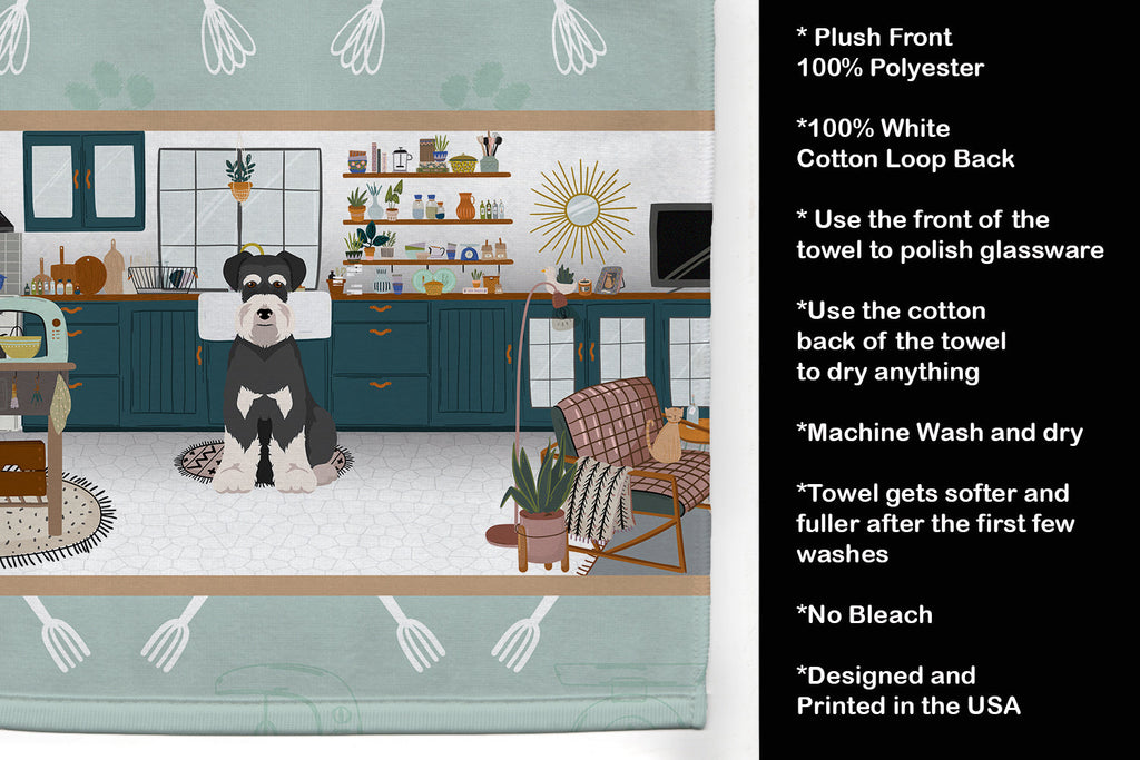 Black and Silver Natural Ears Schnauzer in the Kitchen Kitchen Towel Velour Plush Front and Cotton Loop Back Machine Washable