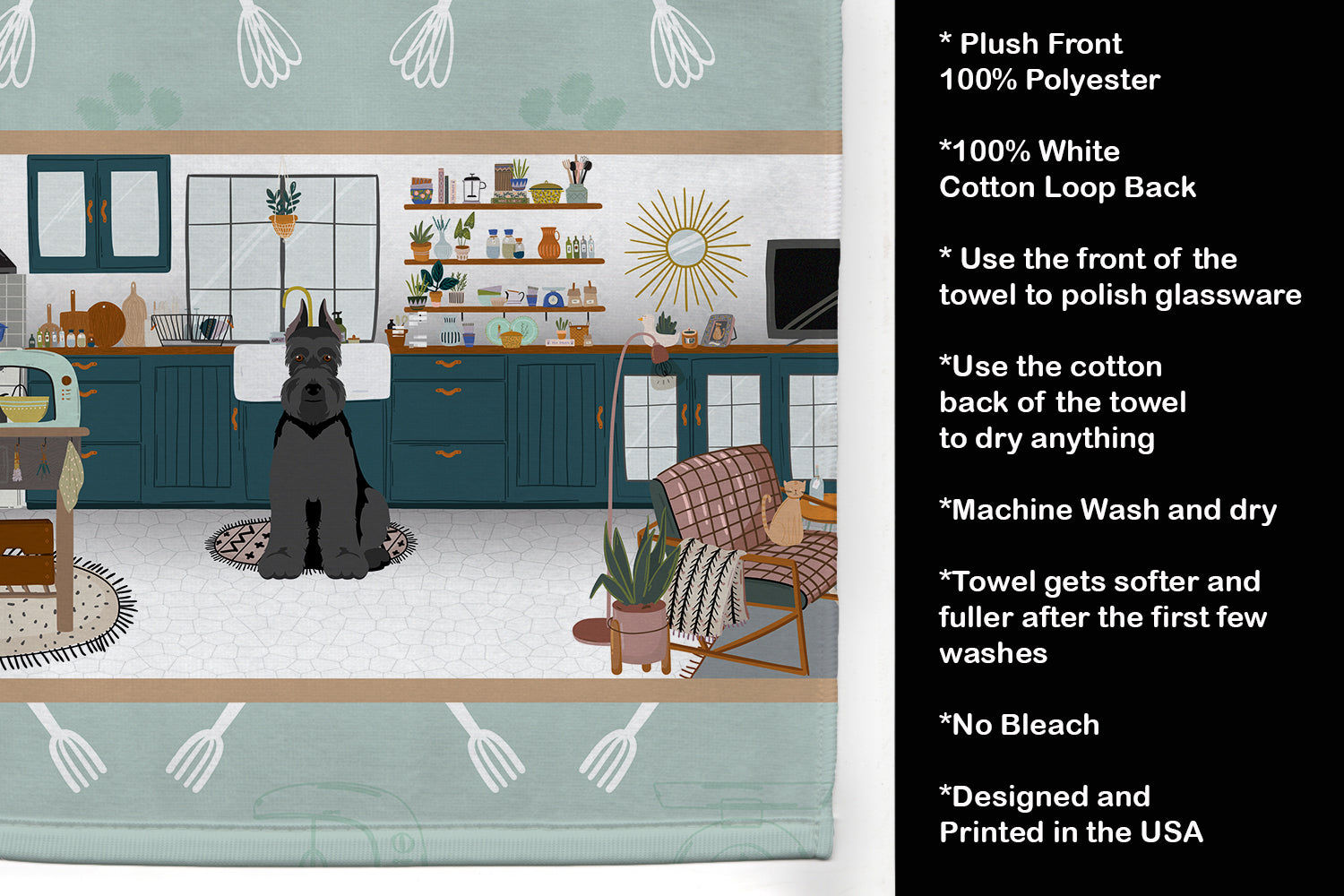 Black Schnauzer in the Kitchen Kitchen Towel Velour Plush Front and Cotton Loop Back Machine Washable