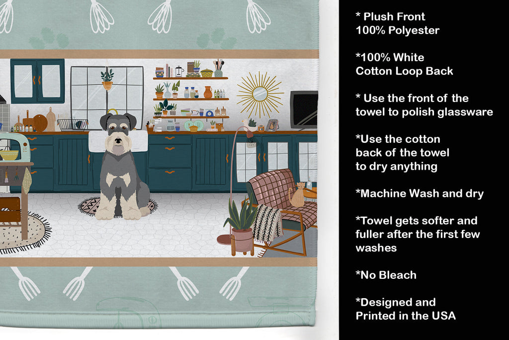 Salt Pepper Natural Ears Schnauzer in the Kitchen Kitchen Towel Velour Plush Front and Cotton Loop Back Machine Washable