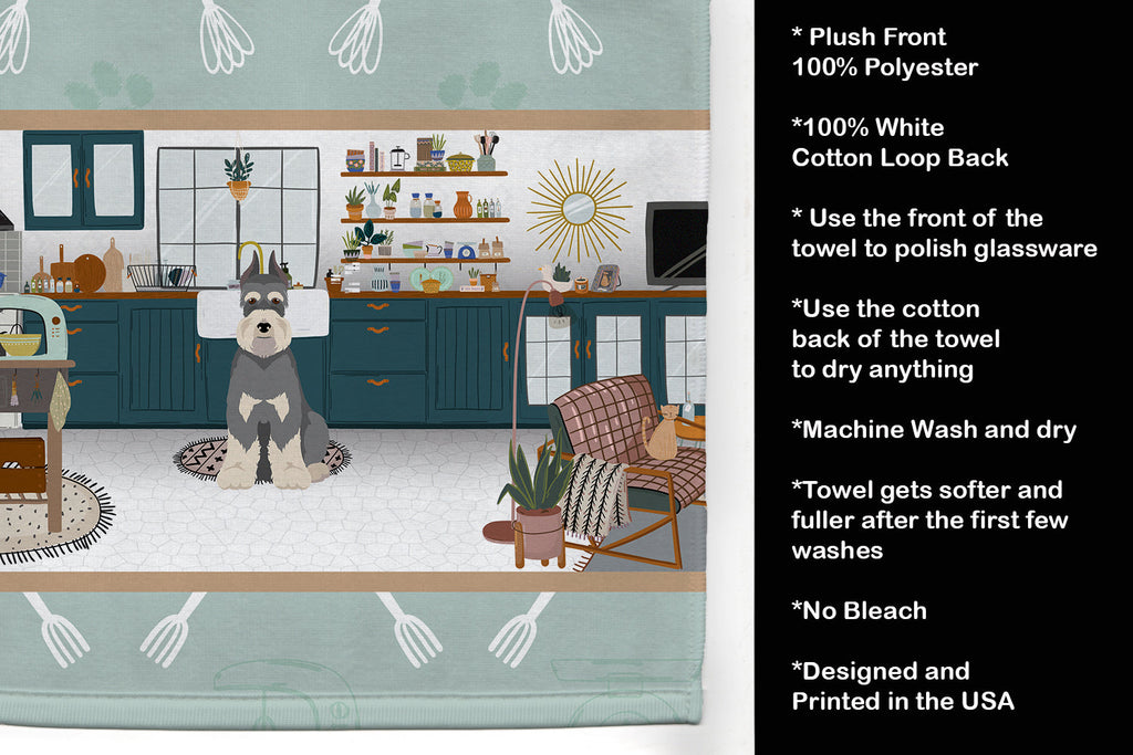 Salt Pepper Schnauzer in the Kitchen Kitchen Towel Velour Plush Front and Cotton Loop Back Machine Washable