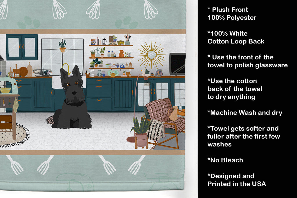 Black Scottish Terrier in the Kitchen Kitchen Towel Velour Plush Front and Cotton Loop Back Machine Washable