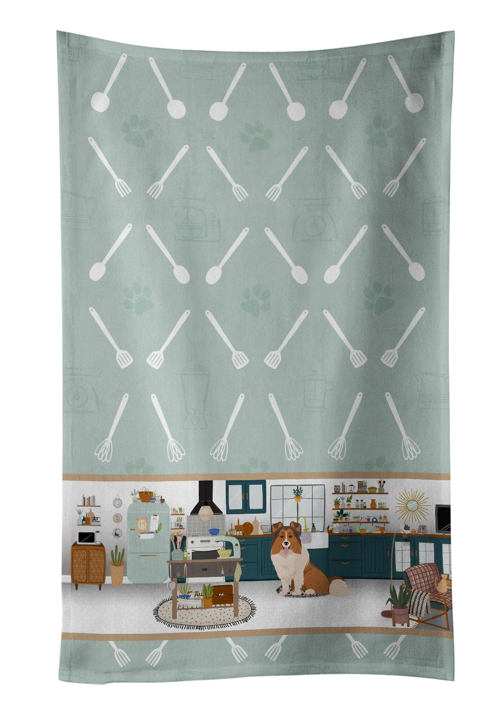 Sable Sheltie in the Kitchen Kitchen Towel Velour Plush Front and Cotton Loop Back Machine Washable