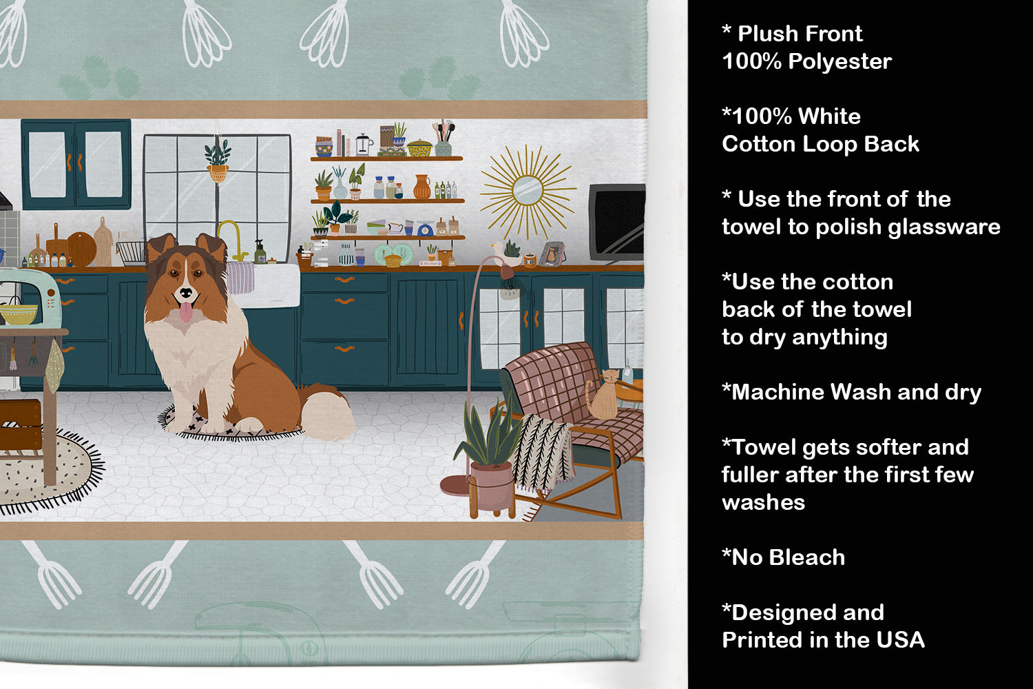 Sable Sheltie in the Kitchen Kitchen Towel Velour Plush Front and Cotton Loop Back Machine Washable