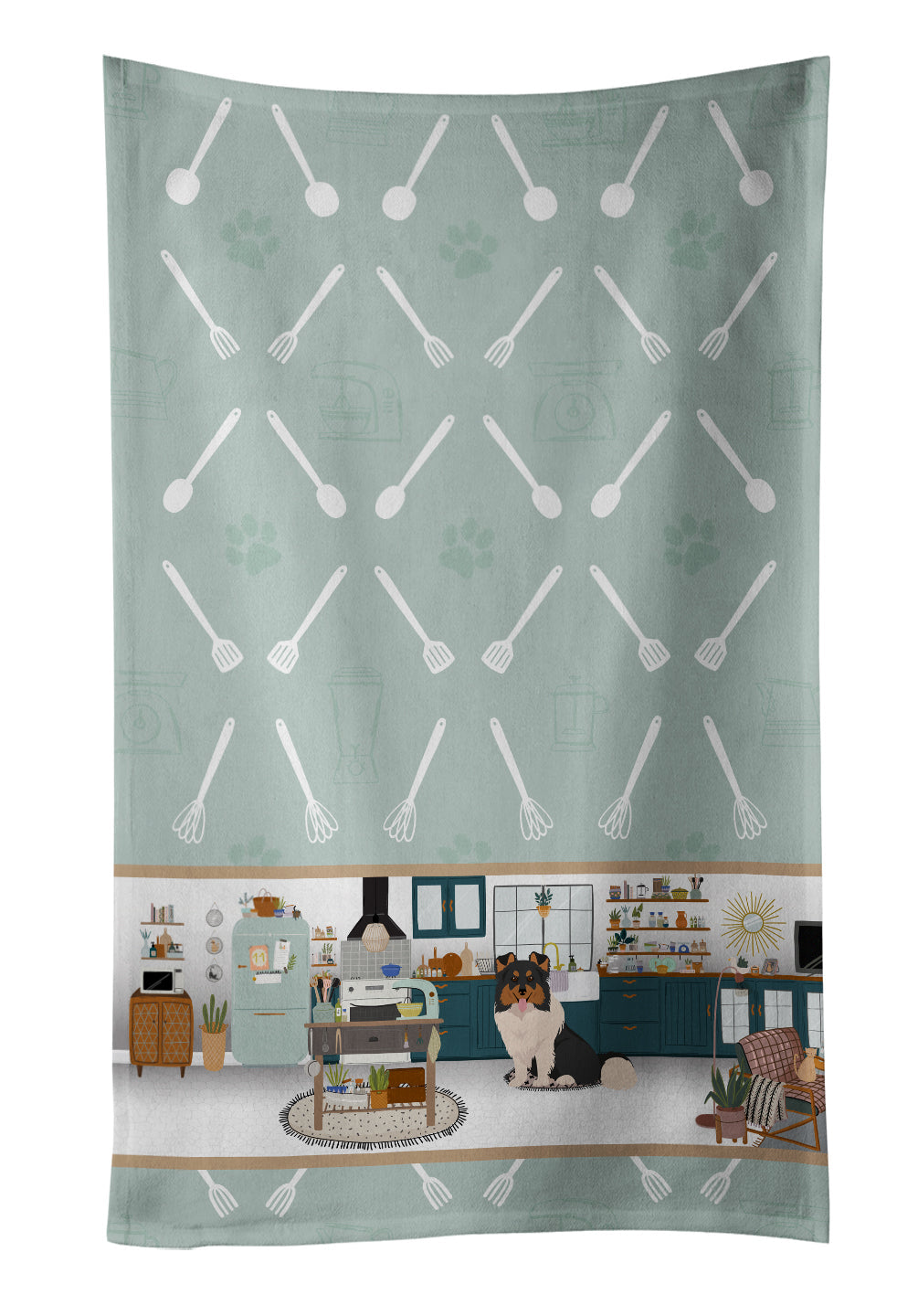Tricolor Sheltie in the Kitchen Kitchen Towel Velour Plush Front and Cotton Loop Back Machine Washable
