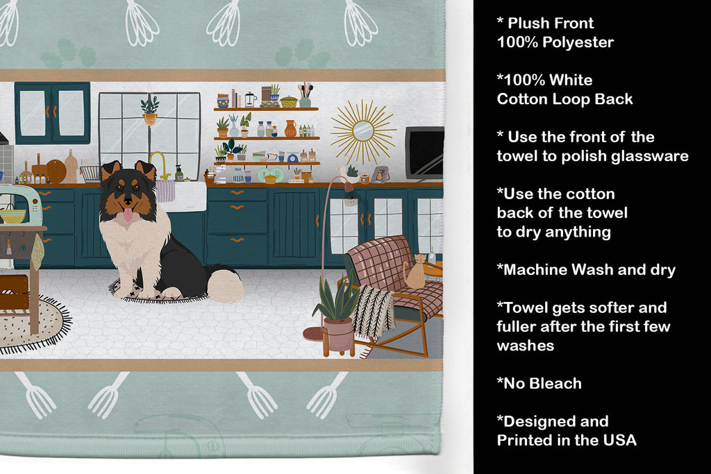 Tricolor Sheltie in the Kitchen Kitchen Towel Velour Plush Front and Cotton Loop Back Machine Washable