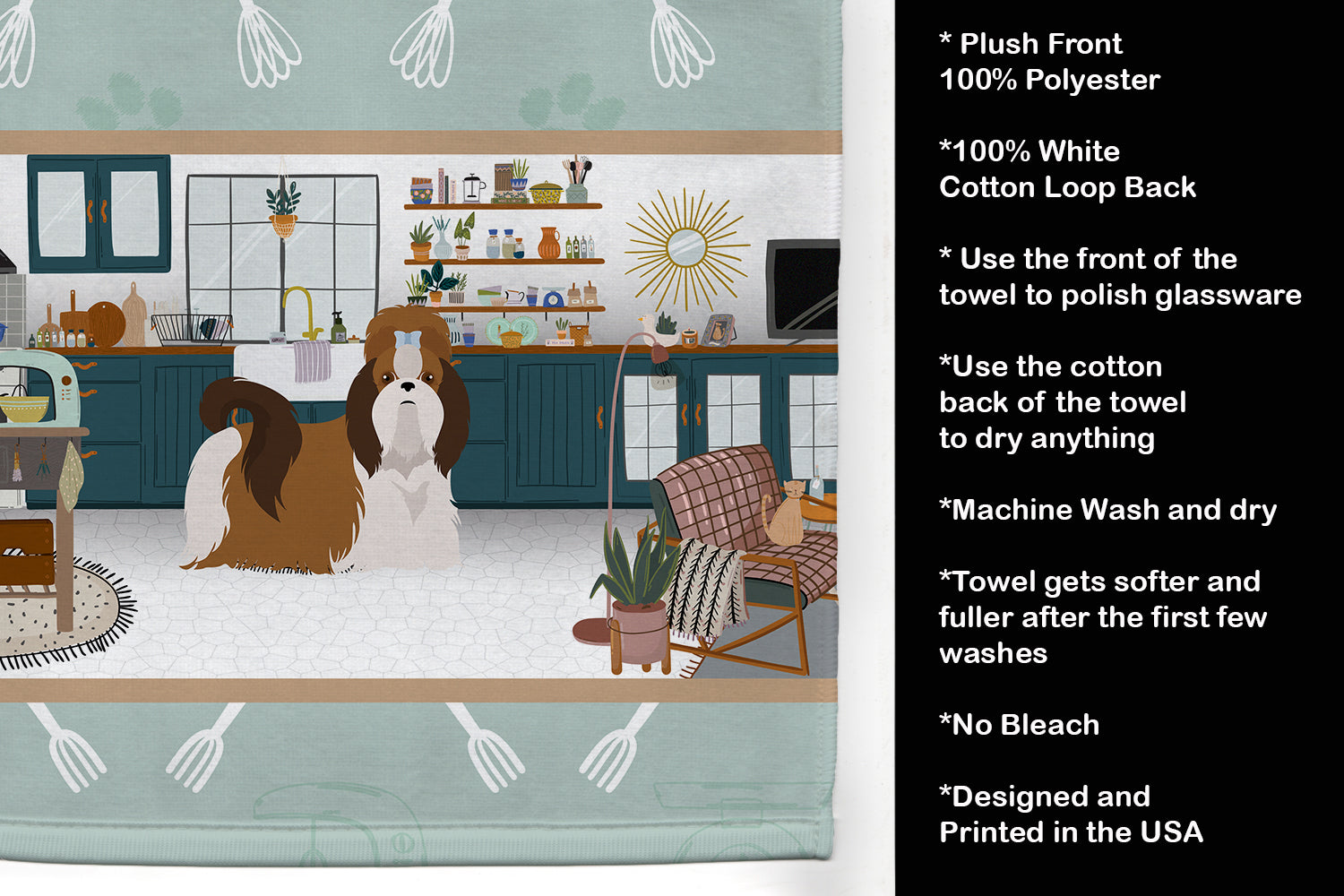 Red and White Shih Tzu in the Kitchen Kitchen Towel Velour Plush Front and Cotton Loop Back Machine Washable