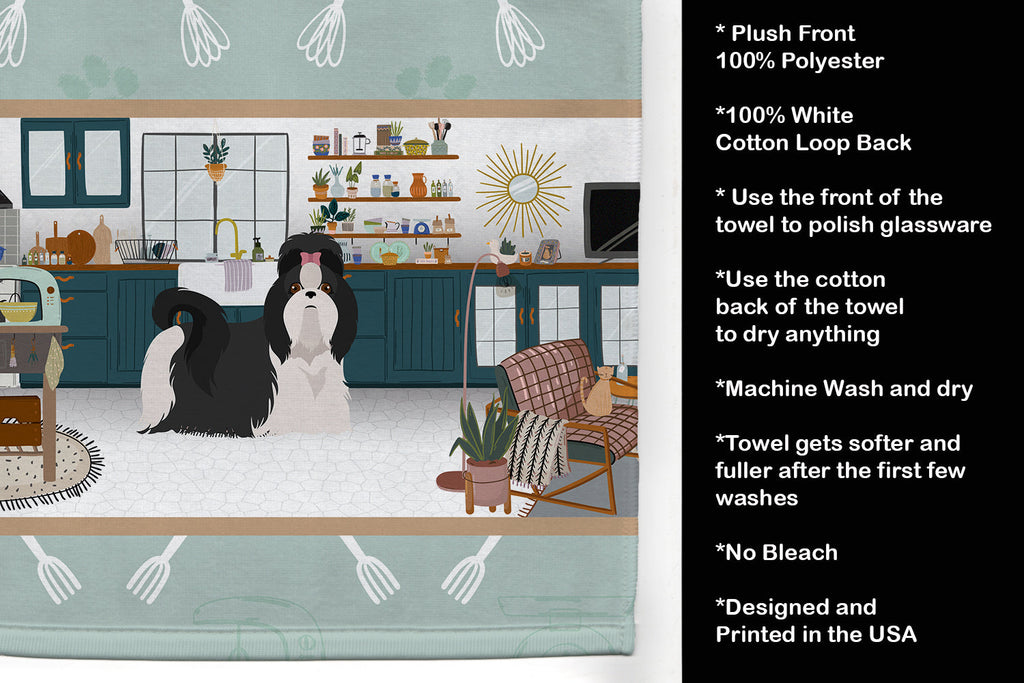 Black and White Shih Tzu in the Kitchen Kitchen Towel Velour Plush Front and Cotton Loop Back Machine Washable