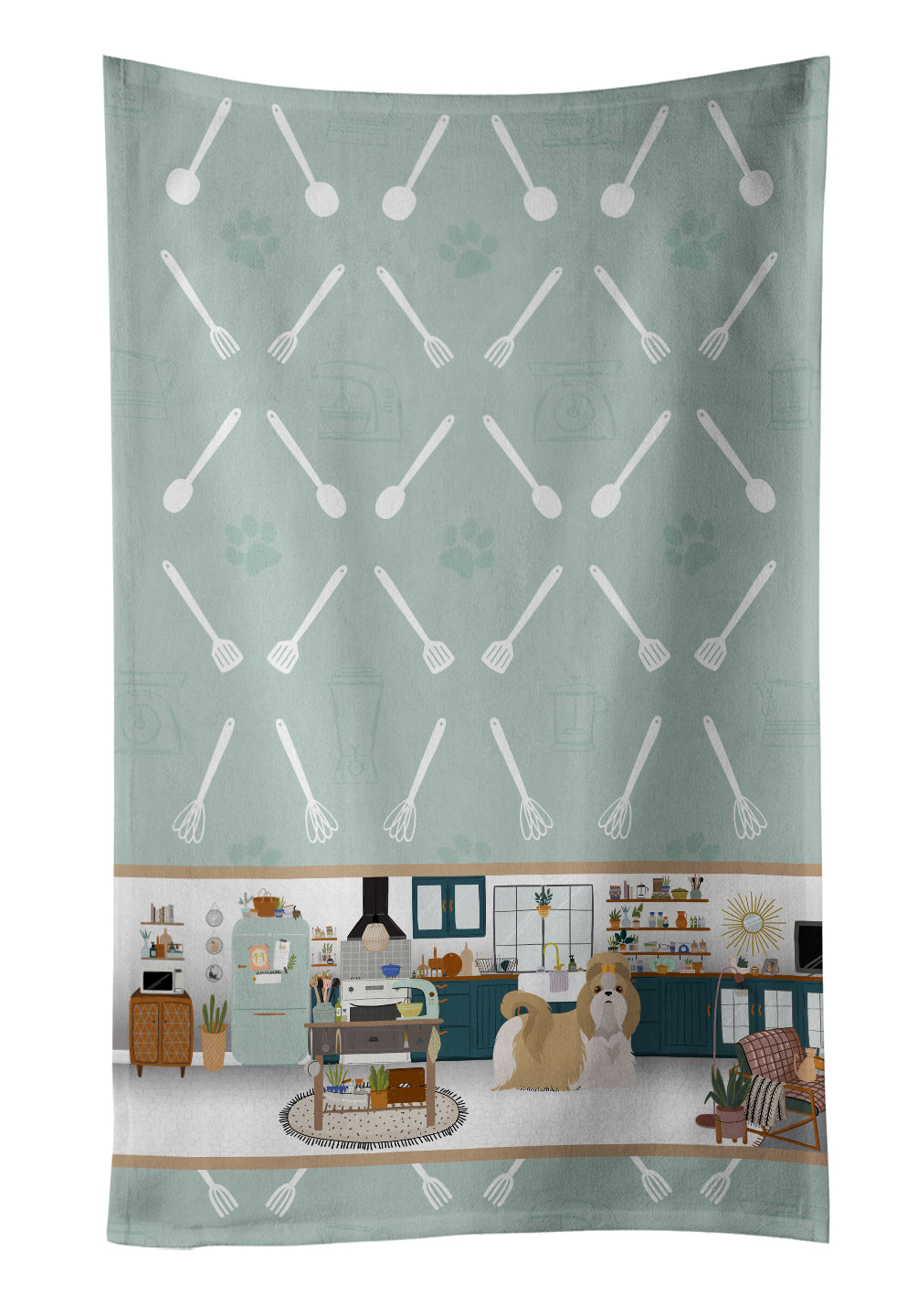 Gold and White Shih Tzu in the Kitchen Kitchen Towel Velour Plush Front and Cotton Loop Back Machine Washable