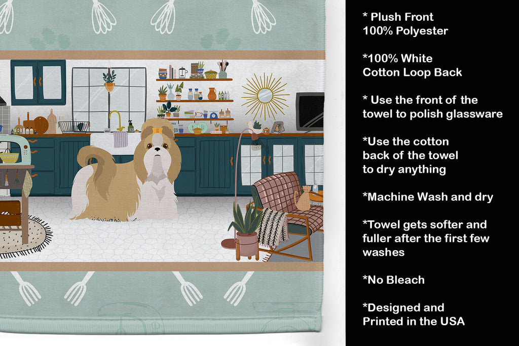 Gold and White Shih Tzu in the Kitchen Kitchen Towel Velour Plush Front and Cotton Loop Back Machine Washable