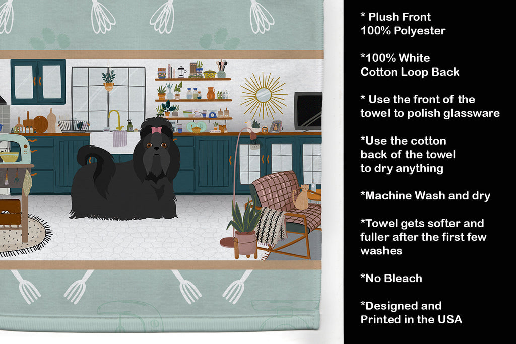 Black Shih Tzu in the Kitchen Kitchen Towel Velour Plush Front and Cotton Loop Back Machine Washable