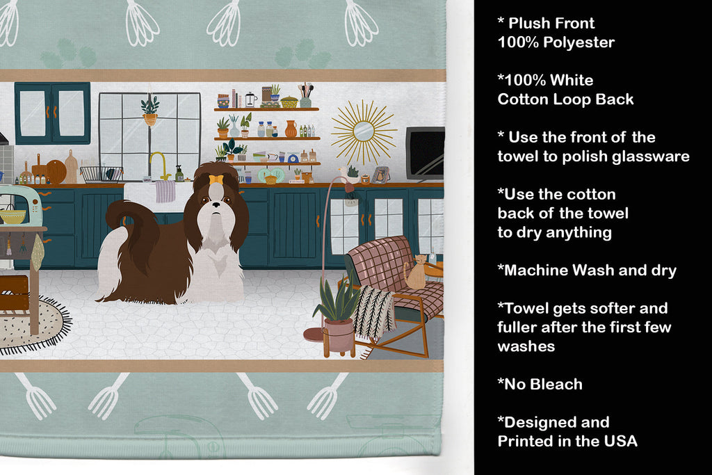Liver and White Shih Tzu in the Kitchen Kitchen Towel Velour Plush Front and Cotton Loop Back Machine Washable
