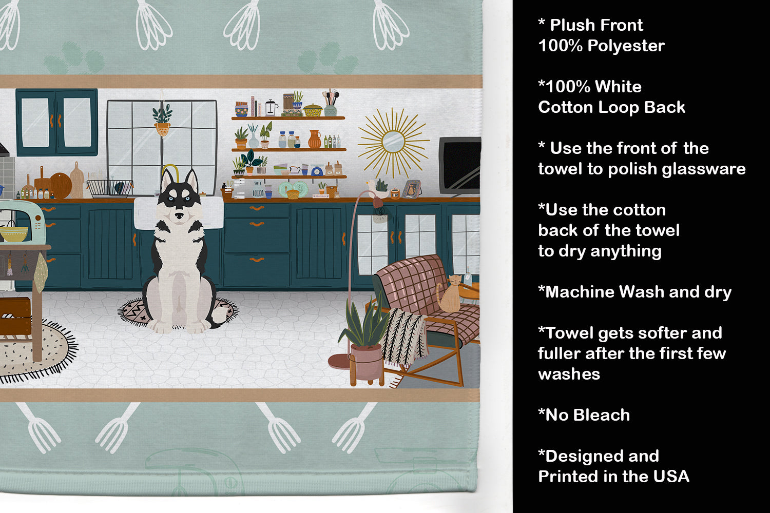 Black Siberian Husky in the Kitchen Kitchen Towel Velour Plush Front and Cotton Loop Back Machine Washable