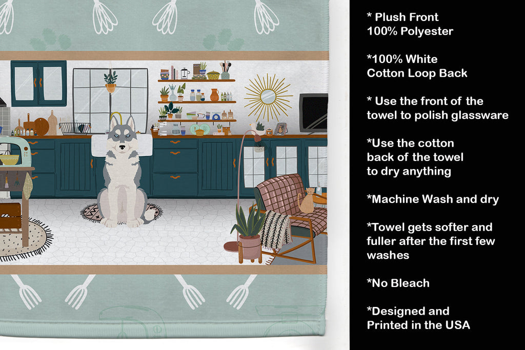 Grey Siberian Husky in the Kitchen Kitchen Towel Velour Plush Front and Cotton Loop Back Machine Washable